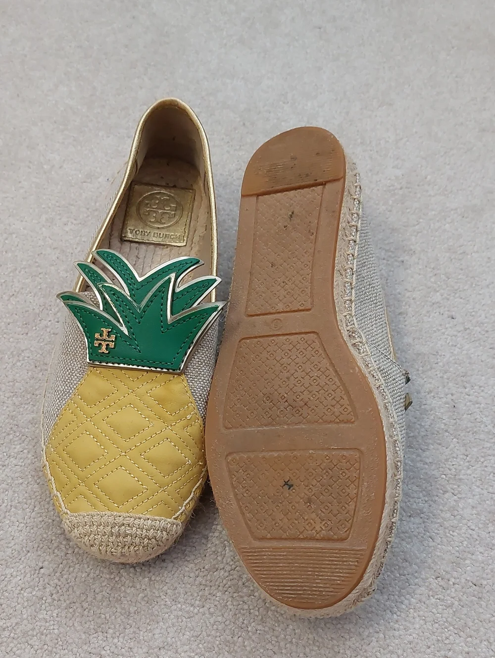 Tory Burch Women  Pineapple & Palm Appliqué Slip-Ons in Green and Yellow